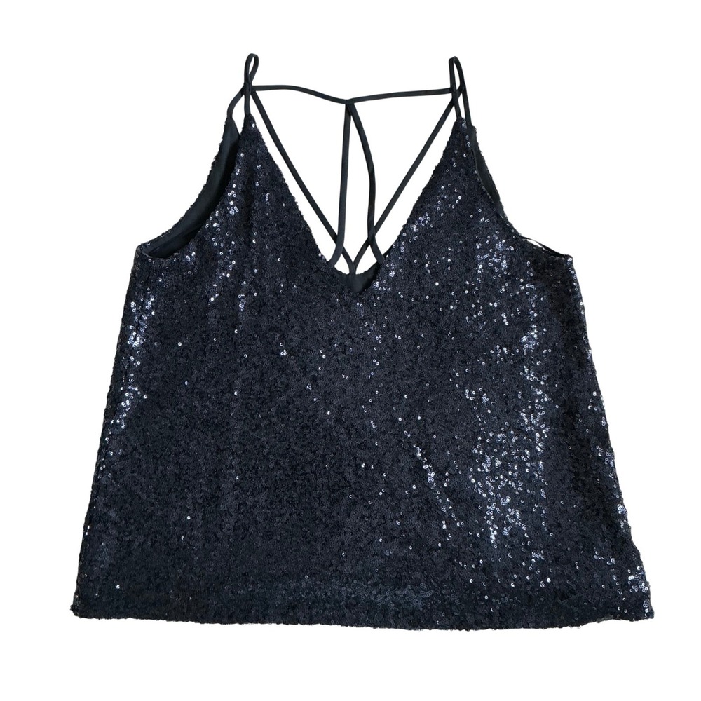 LOST + WANDER‎ Sparkly Sequin Metallic Strappy Navy Blue V-Neck Camisole  NWT - Picture 3 of 3